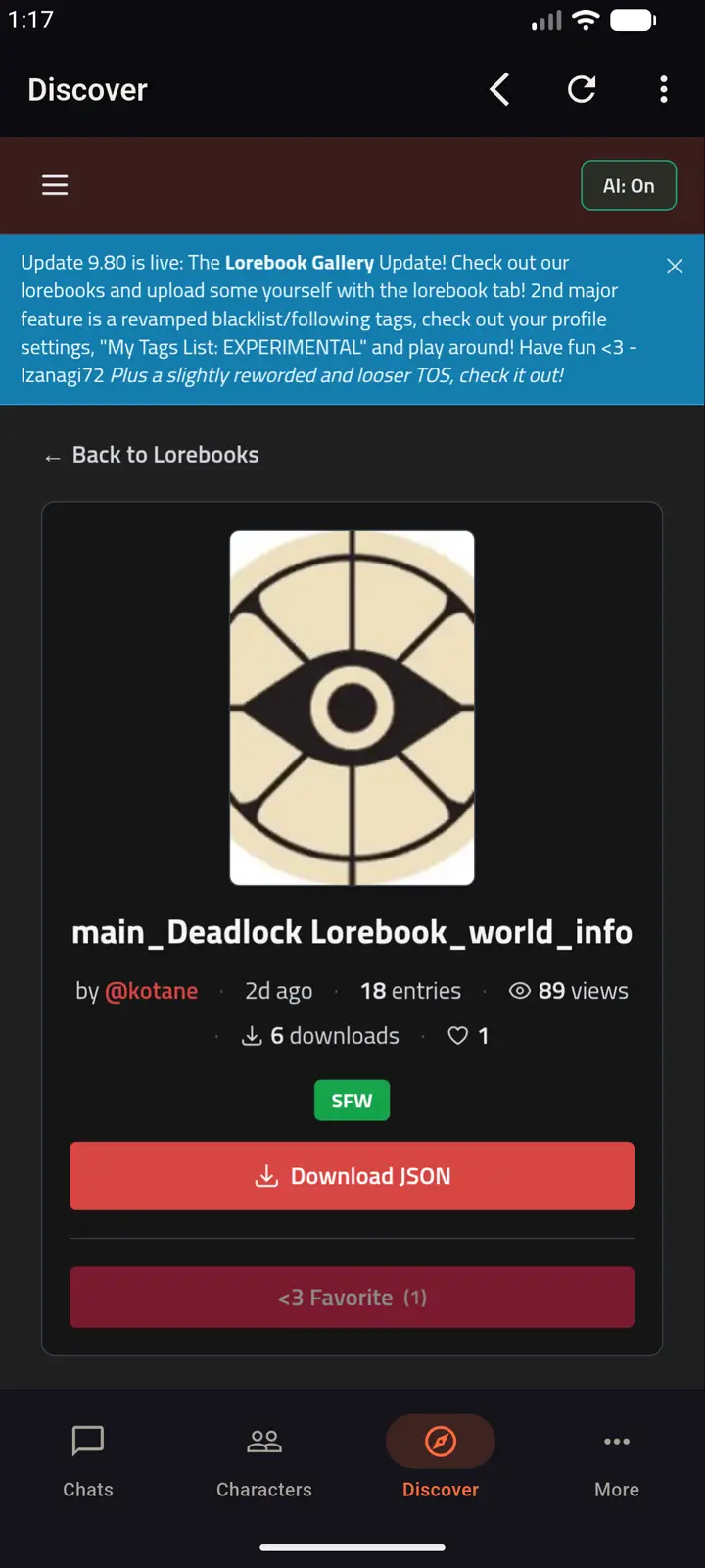 BotBooru lorebook page with Download JSON inside Pyre Discover