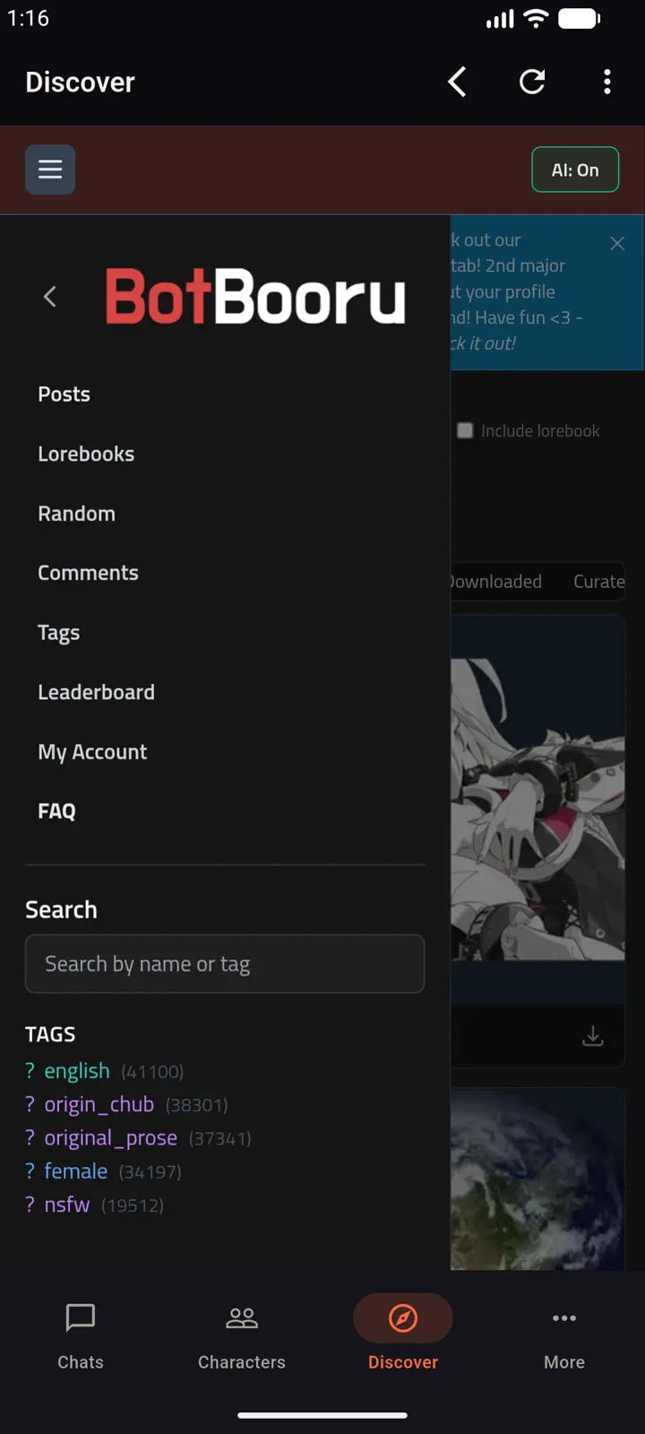 BotBooru navigation menu inside Pyre Discover