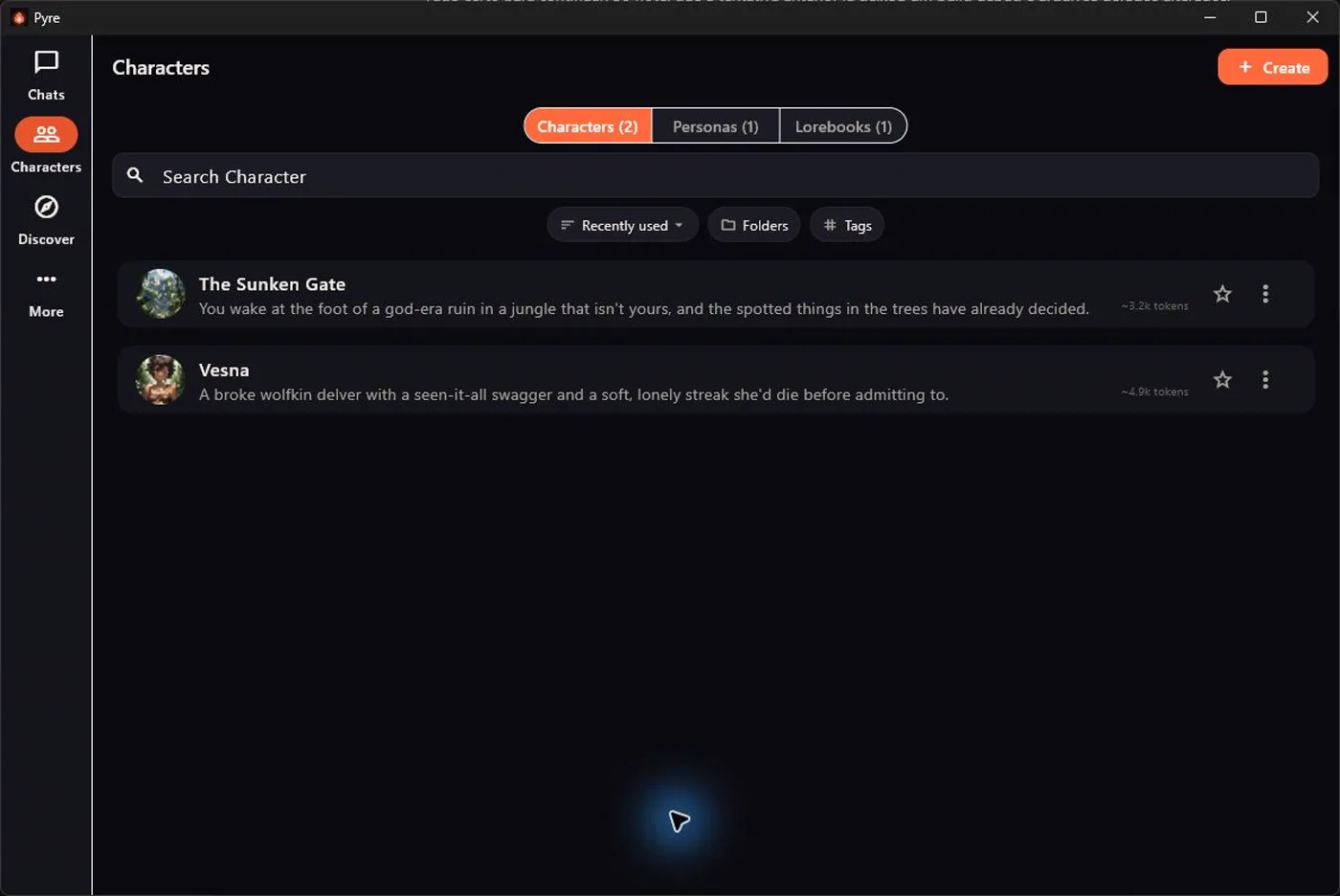 Pyre character library on a wide desktop layout
